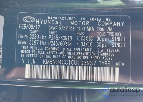 2012 Hyundai Veracruz Limited from USA, damaged, VIN KM8NU4CC1CU193937